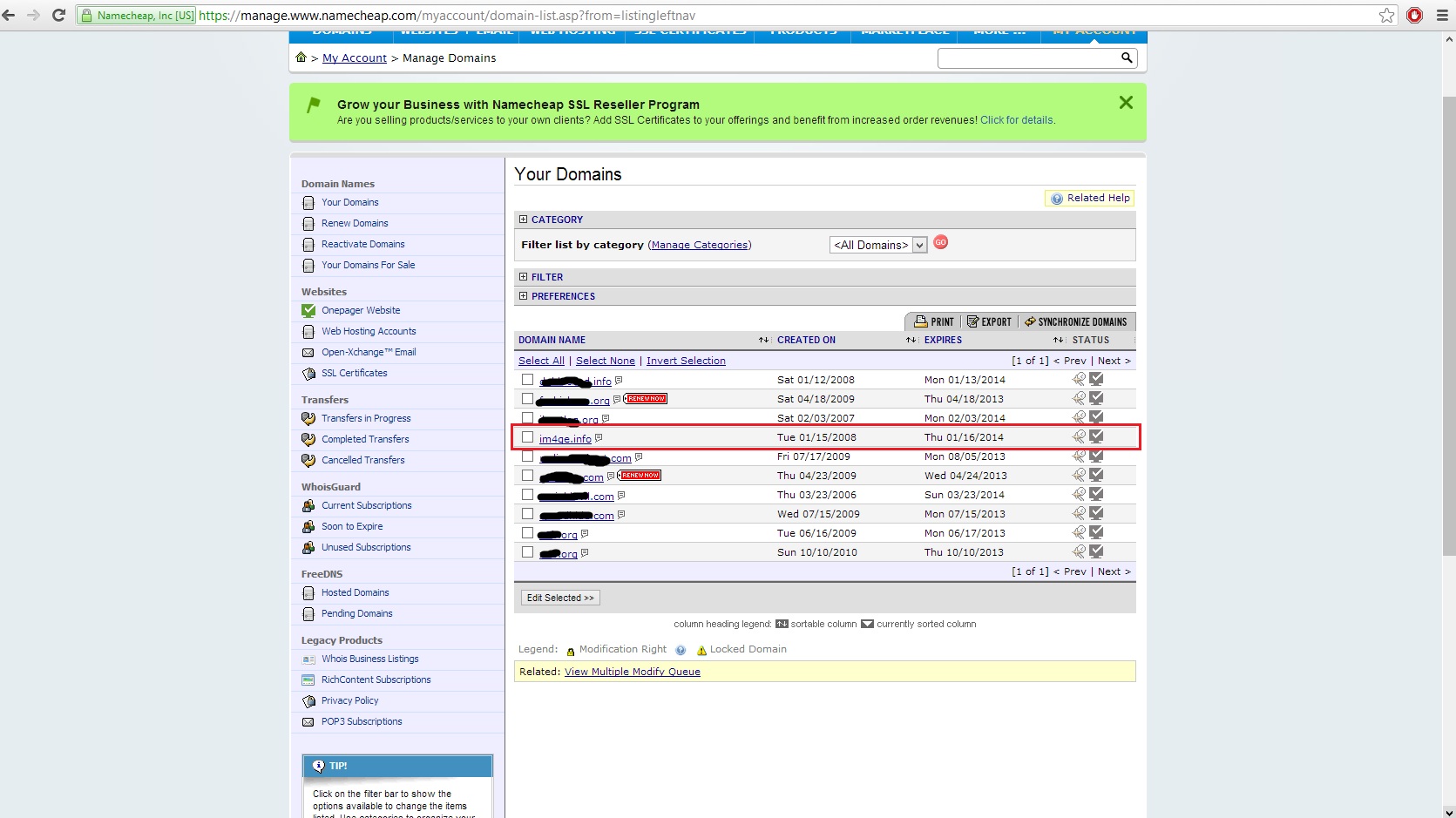 Your Domains" page